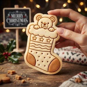 May include: A light-colored, baked cookie shaped like a Christmas stocking with a teddy bear peeking out from the top. The stocking features embossed details including stars, wavy lines, and dots, with a smooth, rounded toe and heel section.
