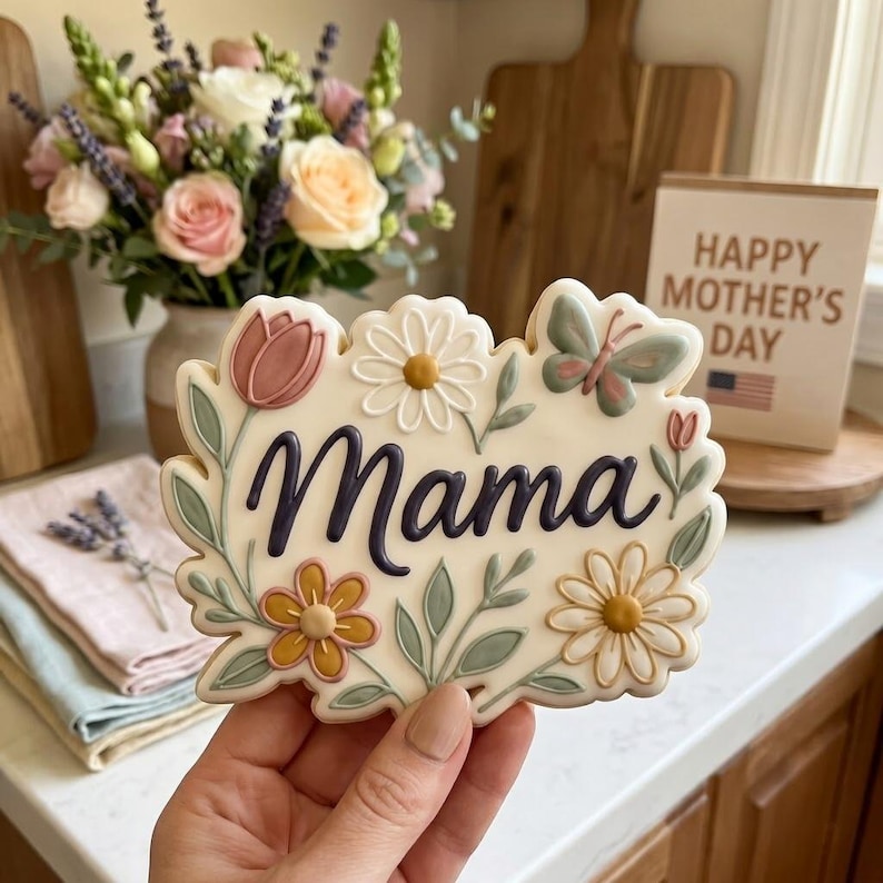 Może przedstawiać: Ozdobione ciastko z napisem "Mama" w ciemnofioletowym skrypcie, otoczone kwiatowymi wzorami, w tym stokrotkami, tulipanem i motylem. Ciastko trzymane jest w dłoni, z bukietem kwiat&oacute;w w tle.