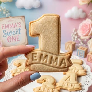 May include: A beige sugar cookie shaped like the number one with a banner across the bottom featuring the name EMMA embossed in the center. The cookie has a smooth, baked texture and is held up against a light blue and pink background.