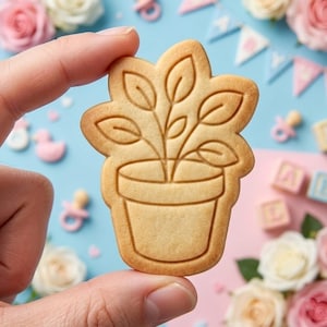 May include: A light tan, plant-shaped sugar cookie featuring an embossed design of a potted plant with multiple leaves. The cookie has a smooth, baked surface with clearly defined lines outlining the pot and the foliage, held between fingers.