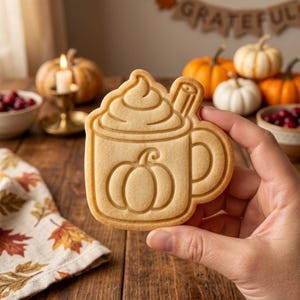May include: A light beige sugar cookie shaped like a mug filled with whipped cream and a cinnamon stick. The mug features an embossed pumpkin design on the front. The cookie has a smooth, baked texture with clearly defined lines.