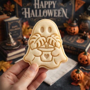 May include: A light-coloured, ghost-shaped biscuit featuring an embossed design of a ghost holding a potted monstera plant. The plant pot is decorated with a small heart detail. The biscuit has a smooth, matte surface and a defined, raised outline.