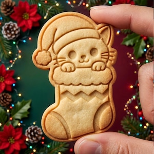 Può includere: Un biscotto color marrone chiaro in rilievo a forma di calza natalizia, con un gatto che indossa un cappello da Babbo Natale che spunta dalla parte superiore. Il biscotto presenta dettagliate impronte del muso, delle zampe e del bordo.
