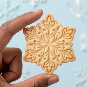 May include: A light beige, star-shaped cookie featuring a detailed, embossed snowflake pattern with symmetrical, intricate floral-like carvings. The cookie has a smooth, baked texture and a defined, scalloped edge, showcasing a precise, decorative design.
