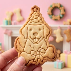 May include: A light brown, dog-shaped cookie featuring an embossed design of a golden retriever wearing a party hat with a star on top. The dog is depicted with a smiling expression, tongue out, and is holding a large bone tied with a bow.