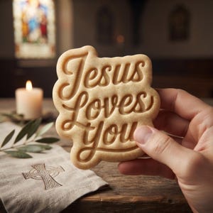 May include: A light beige, irregularly shaped cookie featuring the embossed text "Jesus Loves You" in a cursive script. The cookie has a smooth, matte surface and is held up against a blurred background featuring a candle and a cloth with a cross.