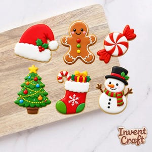 May include: Six decorated Christmas cookies featuring a red Santa hat, a brown gingerbread person, a red and white striped candy, a green Christmas tree with ornaments, a red stocking with a gift, and a white snowman with a black top hat.