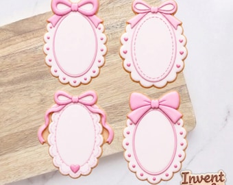 Cortador de galletas con forma de placa y lazo, ideal para baby showers, galletas de cumpleaños, regalos de cumpleaños, cortador para niña, cortador de fondant, cortador para bebés y cortador de lazos.