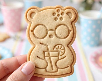 Kawaii Bear Lemonade Cookie Cutter and Stamp, Cute Bear Sunglasses Cookie Stamp, Summer Bear Cookie Cutter, Gift for Baker