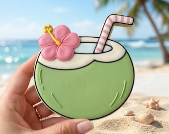 Tropical Coconut Drink Cookie Cutter and Stamp, Summer Beach Cookie Stamp, Luau Party Fondant Cutter, Vacation Cookie Mold