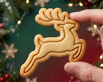 Christmas Reindeer Cookie Cutter and Stamp, Flying Reindeer Holiday Cookie Cutter, Leaping Deer Antler Baking Tool, Christmas Gift for Baker