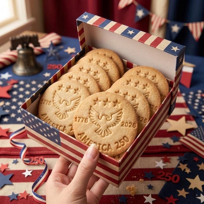 K&ouml;nnte beinhalten: Eine Hand h&auml;lt eine Schachtel mit runden Keksen, die jeweils mit einem Adler-Emblem und dem Text "1776 AMERICA 250 2026" versehen sind. Die Schachtel ist in Rot, Wei&szlig; und Blau gehalten. Die Kekse sind hellbraun und liegen auf einem Tisch mit Stern- und Streifendekorationen.