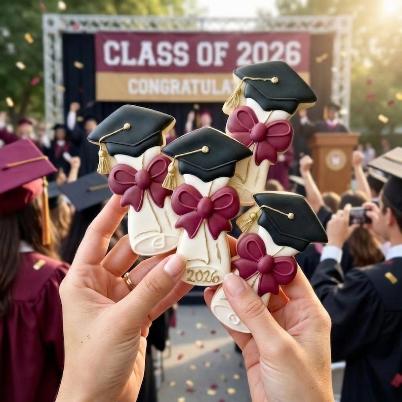 Peut inclure: Des biscuits sur le th&egrave;me de la remise de dipl&ocirc;mes, en forme de chapeaux de graduation et de parchemins, tenus devant une foule. Les biscuits sont d&eacute;cor&eacute;s de chapeaux noirs, de n&oelig;uds bordeaux et de l'ann&eacute;e "2026". Une banni&egrave;re en arri&egrave;re-plan indique "Classe de 2026".