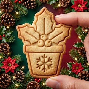 May include: A light brown, embossed biscuit shaped like a flower pot. The design features three holly leaves and three berries at the top, with a prominent snowflake pattern centred on the front of the pot, showcasing detailed, crisp impressions.