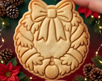 Christmas Wreath Cookie Cutter and Stamp, Holiday Wreath with Bow and Ornament, Christmas Cookie Stamp, Gift for Baker