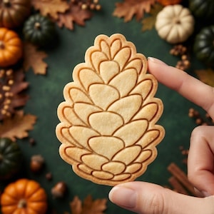 May include: A light tan, pinecone-shaped cookie featuring a detailed, embossed scale pattern across its surface. The cookie has a scalloped edge that follows the natural contours of the pinecone design, creating a textured, three-dimensional appearance.