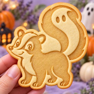 May include: A light brown, flat, baked cookie shaped like a skunk with a large, bushy tail. The cookie features a detailed, embossed design of the animal's face, fur patterns, and a ghost-like shape integrated into the tail's curve, with smooth edges.