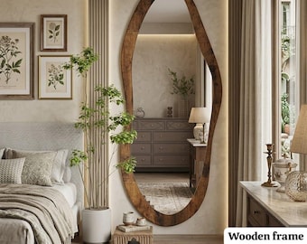 Irregular Full Length Mirror, Wood Framed Brown and Black Asymmetrical Wavy Wall Mirror