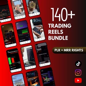 Puede incluir: Imagen promocional con un fondo degradado rojo y negro. La imagen presenta múltiples teléfonos inteligentes y computadoras portátiles que muestran gráficos y datos financieros. El texto "140+ TRADING REELS BUNDLE" se muestra de forma destacada, junto con "PLR + MRR RIGHTS". También son visibles iconos de redes sociales.