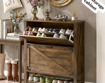 Slim Entryway Storage Cabinet with 2 Flip Drawers | Rustic Wooden Organizer