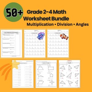 Könnte beinhalten: Ein Bündel Mathe-Arbeitsblätter für die Klassen 2-4, mit Themen wie Multiplikation, Division und Winkel. Die Arbeitsblätter sind auf weißem Papier gedruckt und enthalten farbenfrohe Illustrationen. Der Titel lautet "50+ Grade 2-4 Math Worksheet Bundle".