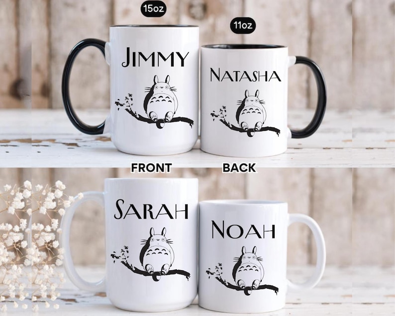 May include: White ceramic mugs with black accents and handles. Each mug features a name and a black and white illustration of a cartoon character sitting on a branch. The mugs are available in 15oz and 11oz sizes.