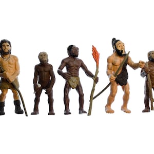 Op de afbeelding: Een set van vijf prehistorische menselijke beeldjes in verschillende houdingen. De figuren hebben bruine huidtinten, dragen eenvoudige lendendoeken en houden primitieve werktuigen vast zoals houten stokken en een fakkel met oranje vlammen.
