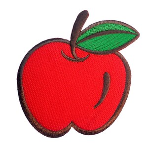 May include: Red embroidered apple with a green leaf, a simple and cute design.