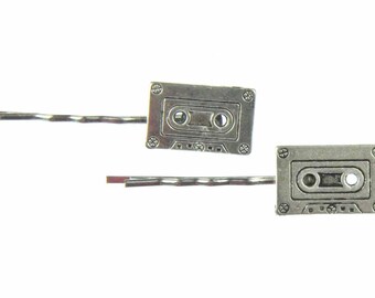 Cassette Tape Set Of 2 Hair Clip Clips Pins Miniblings Music Record Retro Silver