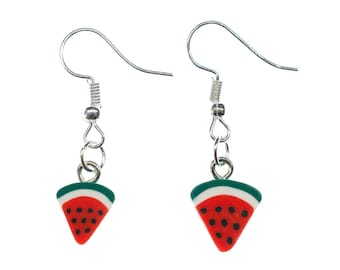 May include: A pair of silver earrings with watermelon charms. The watermelon charms are red with black seeds and green edges.