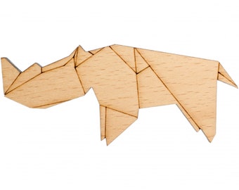 May include: A wooden rhinoceros sculpture in a geometric origami style. The sculpture is made of light brown wood and has a detailed, intricate design.