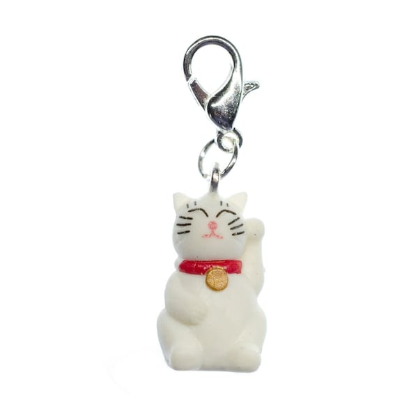 Katze Winkekatze Charm Miniblings Anhänger Glückskatze weiß Glöckchen Gummi