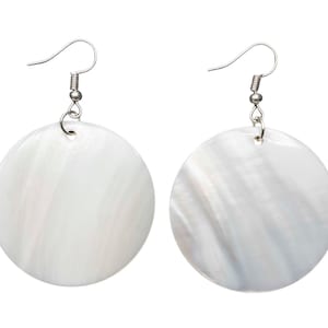 May include: A pair of silver hoop earrings with white mother-of-pearl round pendants.