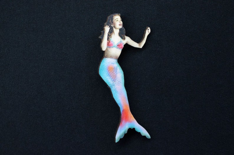 Mermaid Brooch Miniblings Wooden Nixie Wood Laser Cut LC 80mm Broach Atlantis