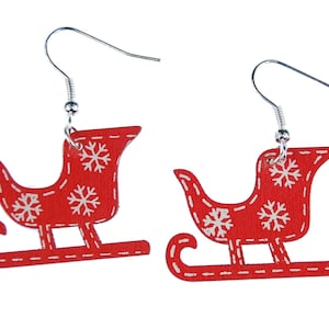 Christmas Sled Sledge Sleigh Earrings Miniblings Santa Star Red Wood Flat