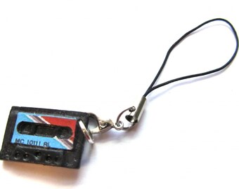 Cassette Mobile Cell Phone Charm Pendant Miniblings Music Mix Tape DJ Blue Red