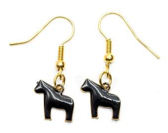 Pendientes de caballo Dala, pendientes colgantes Miniblings, caballo Dala, Suecia, esmalte negro