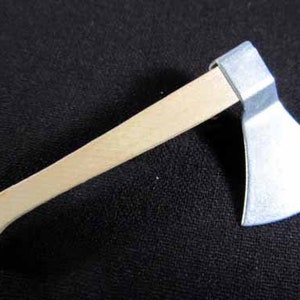May include: A small, wooden-handled axe with a silver blade. The axe is about 10 inches long and has a curved handle.
