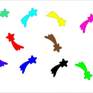Peut inclure: Neuf étoiles filantes colorées avec des queues de différentes couleurs. Les étoiles sont dans différentes positions sur un fond blanc.