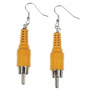 May include: A pair of yellow RCA connector earrings with silver hooks.