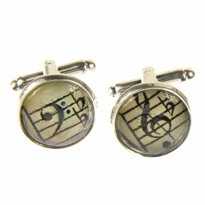 Notes et boutons de manchette en verre cabochons cle Pianiste + boîte 16 mm