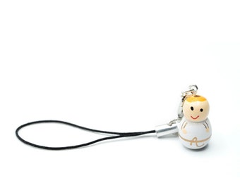 Angel baby lucky doll cell phone pendant Miniblings birth dolls wood white