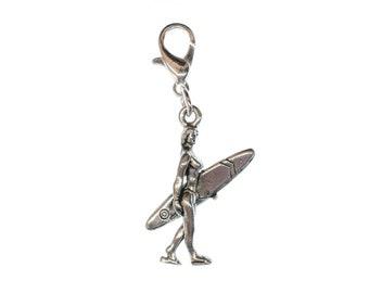 Pulsera con dije de chica surfista, colgante con dije de surfista, minihermanos surfistas, tabla de surf, surf