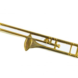 May include: A gold-colored trombone pin. The pin is detailed with a slide and bell.