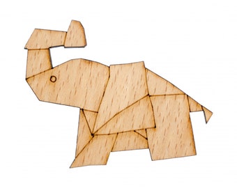May include: A wooden elephant figurine made of light brown wood. The elephant is in a standing position with its trunk raised in the air. The figurine is made of multiple pieces of wood that are joined together to create a geometric design.