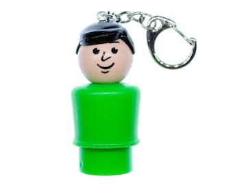 Fisher Price Little People Key Ring Chain Miniblings Retro Man Green Black Hair