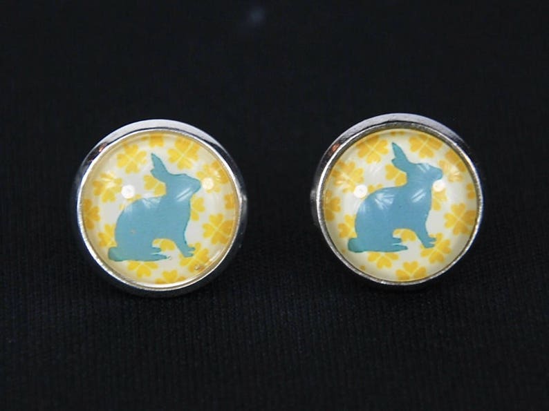 Rabbit Pattern Pattern Cabochon Earrings Ear Studs Earstuds Miniblings Rabbit Turquoise Yellow