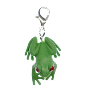 May include: A green frog charm with red eyes and a silver clasp. The frog is hanging from the clasp.