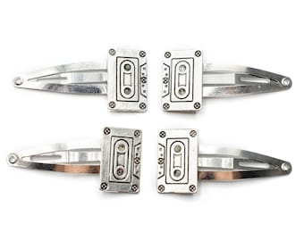Cassette Tape Set Of 4 Hair Clip Clips Pins Miniblings Music Record Retro Silver