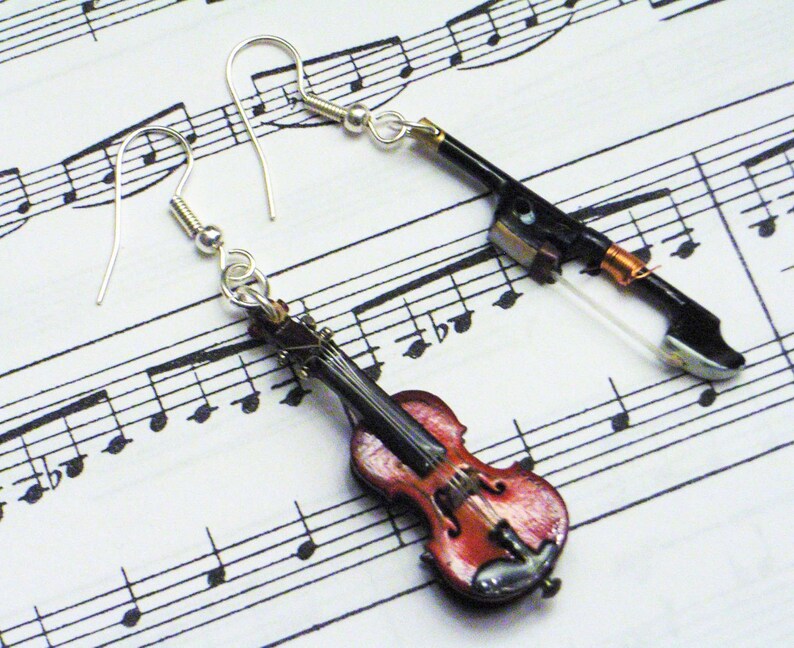 Violin Earrings With Bow Wood Miniblings Orchestra Music Etsy